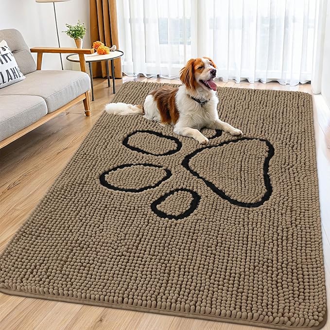 Smiry Dog Door Mat for Muddy Paws, Absorbent Dirt Trapper Non Slip Quick Dry Washable Chenille Mat for Mud Dogs, Entry Rug for Indoor and Outdoor (71x46 Inches, Camel and Black)