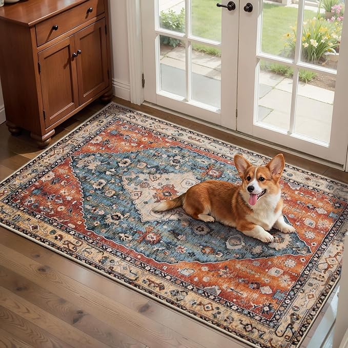 SERISSA 2x4 Boho Rugs for Entryway, Washable Non-Slip Kitchen Runner Rug, Ultra Soft Small Area Rug Vintage Tribal Low-Pile Door Mat Indoor Entrance Carpet for Bedroom Hallway Laundry Room Bathroom
