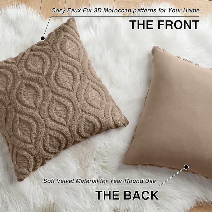 decorUhome Throw Pillow Covers 22x22 Inch Set of 2, Soft Plush Faux Wool Light Brown Solid Couch Pillow Covers, Accent Euro Sham Farmhouse Neutral Square Pillow Cases for Sofa Bed Living Room