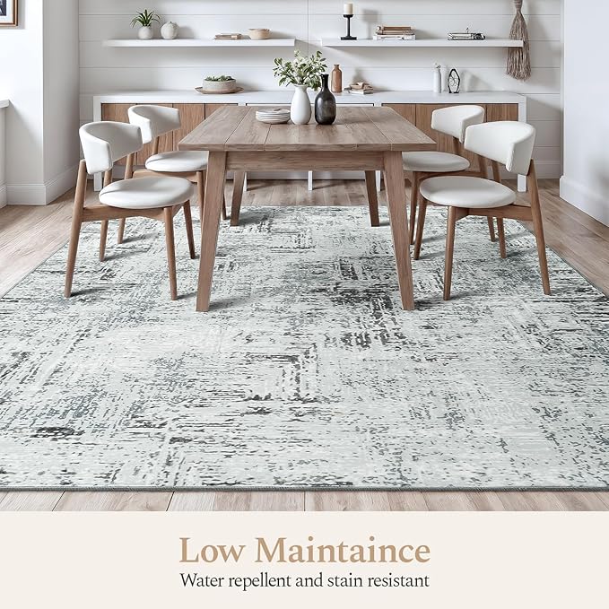 Rugflix 9x12 Washable Area Rugs, Neutral Boho Carpet Living Room Rug Non Slip Stain Resistant, Large Area Rug for Indoor Bedroom Dining Room Office, Blue/Grey