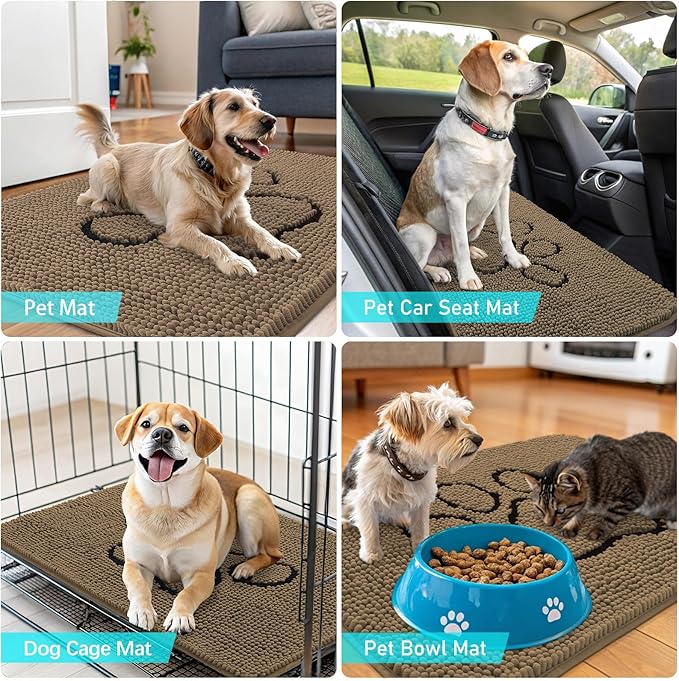 OLANLY Dog Door Mat for Muddy Paws 36x24, Paw Print Design, Absorbs Moisture and Dirt, Absorbent Non-Slip Washable Doormat, Quick Dry Chenille Mud Mat for Dogs, Entry Indoor Entryway Carpet, Tan