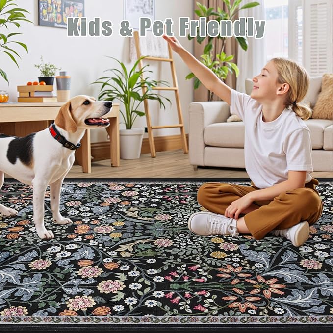 6x9 Area Rugs for Living Room: Floral Washable Rug Vintage Large Soft Boho Non-Slip Carpet Indoor Stain Resistant Thin Carpets for Bedroom Dining Room Farmhouse Nursery Hallway Home Office Dark Black