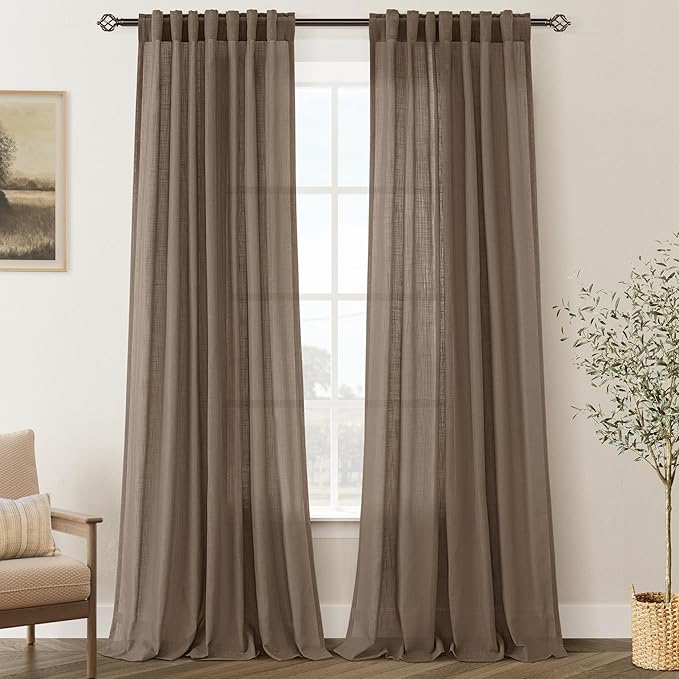 Chocolate Brown Linen Curtain 96 inch Length 2 Panels Set Back Tab Light Filtering Living Room Curtain Drapes Home Office Modern Minimalist Decor Farmhouse Boho Neutral Semi Sheer Curtain 96 inch Long