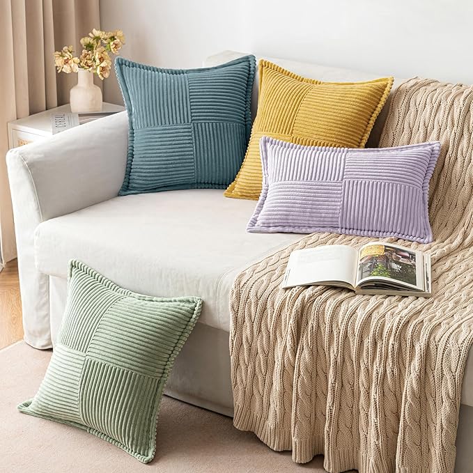 MIULEE Decorative Throw Pillow Covers for Couch Bed Livingroom 20x20 Inch Set of 2 Purple Boho Accent Throw Pllows Broadside Striped Patchwork Soft Corduroy Pillowcases