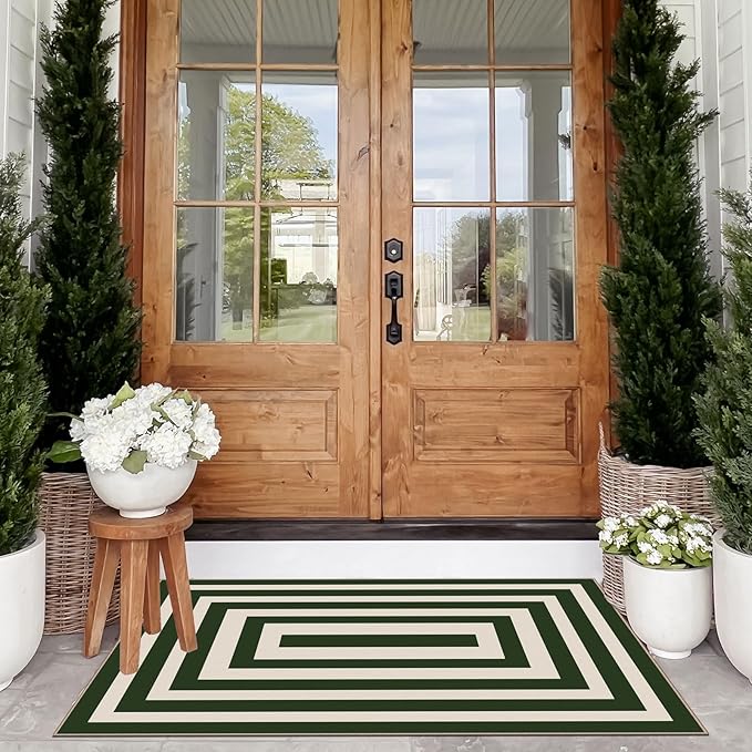 Modern Outdoor Rug - 28" x 43" Front Door Mat Indoor Outside Entrance Non-Slip Washable Outdoor Mat Green White Border Striped Rug for Entryway Kitchen Bedroom Layered Doormat for Front Porch