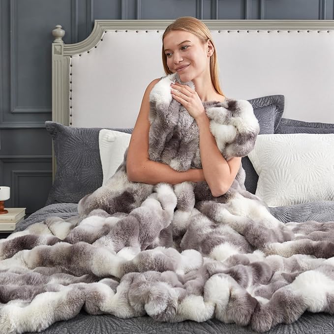 Cozy Bliss Faux Fur Throw Blanket for Couch, Fuzzy Soft Plush Thick Bubble Blanket for Sofa Bedroom Living Room, 50 * 60 Inches Tie-dye Taupe (Pack of 2)