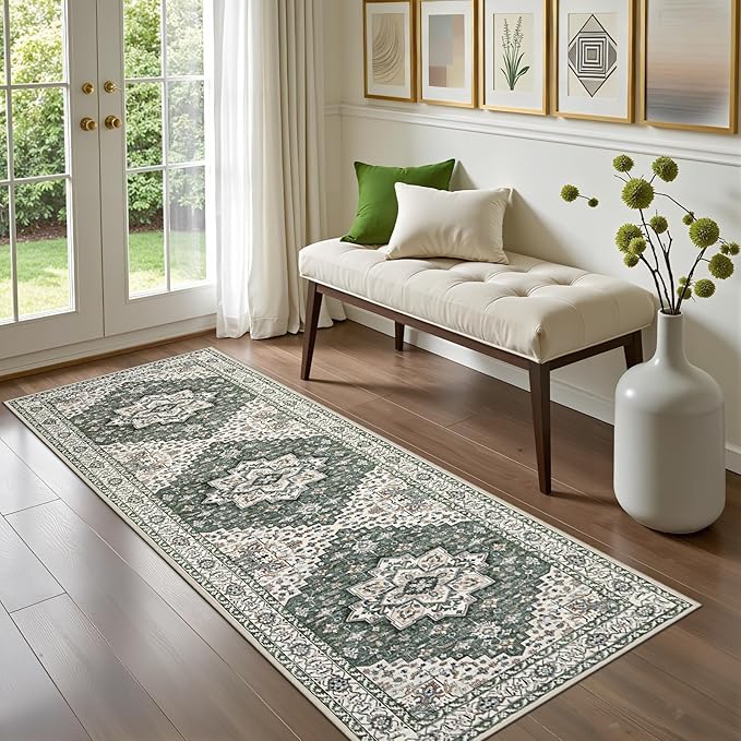 Hallway Runner Rug Non Slip - Washable 2.6x8 Kitchen Rugs for Living Room, Low-Pile Soft Bedroom Rug Indoor Floor Stain Resistant Carpets for Entryway, Laundry, Bathroom Green Ivory