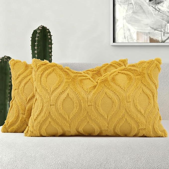 decorUhome Summer Throw Pillow Covers 12x20 Inch Set of 2, Soft Plush Faux Wool Mustard Yellow Solid Couch Pillow Covers, Accent Farmhouse Neutral Rectangle Pillow Cases for Sofa Bed Living Room