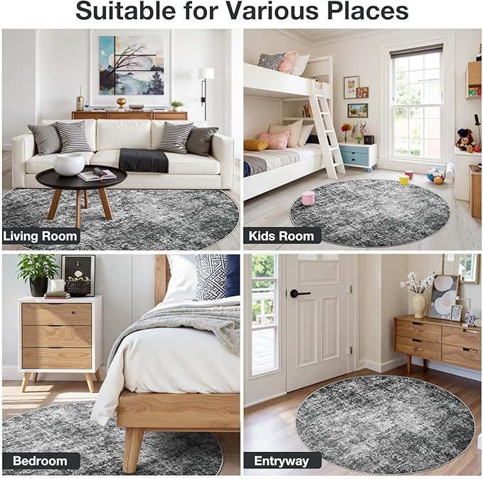 Round Rug 5ft Circle Rug Washable: Carpet Small Circular Area Rug for Entryway Kitchen Bedroom Dining Room Living Room 5 Feet Abstract College Dorm Non Slip Low Pile Black Grey