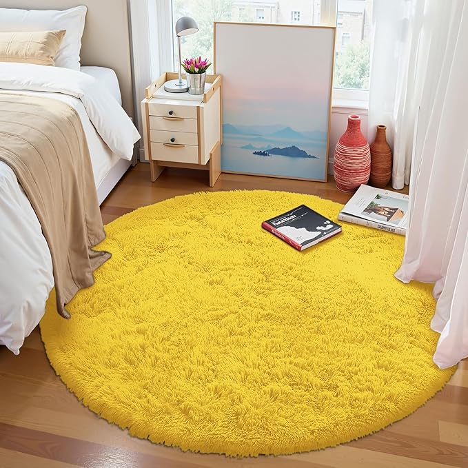 OLANLY Yellow Round Rugs for Bedroom - Machine Washable, 4 ft Circle Area Rugs for Living Room, Soft and Fluffy Shaggy Carpet for Teen Girl and Boys, Nursery Rooms, Dorms, Home Decor Aesthetic