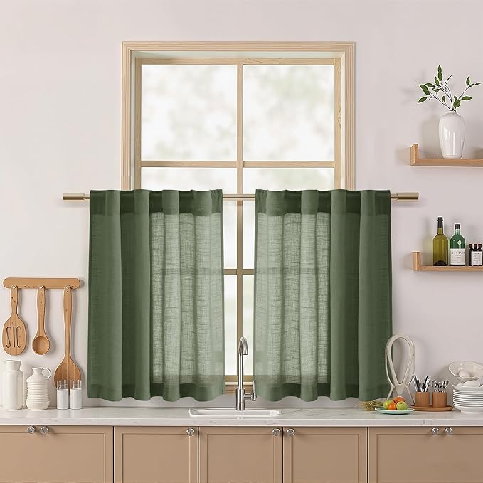 Nanspring Olive Green Linen Curtains 30 Inch Length Short Kitchen, Semi Sheer Light Filtering Panels Back Tab and Rod Pocket Cafe Drapes for Half Window 26 x 30 Inch,2 Panels