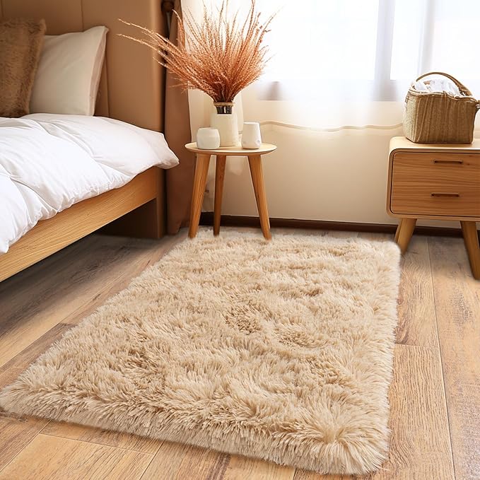 Pionblank Fluffy Small Rug for Bedroom 2x3 Feet, Shag Soft Area Rug, Modern Plush Carpet, Furry Cute Bedside Rug for Kids Girls Boys Room Nursery Decor, Camel