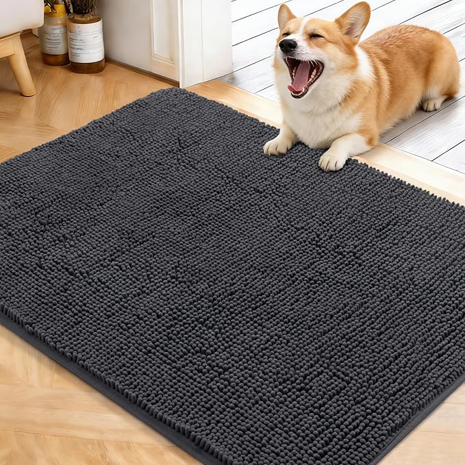 OLANLY Dog Door Mat for Muddy Paws 40x32, Absorbs Moisture and Dirt, Absorbent Non-Slip Washable Doormat, Quick Dry Chenille Mud Mat for Dogs, Entry Indoor Entryway Carpet for Inside Floor, Dark Grey
