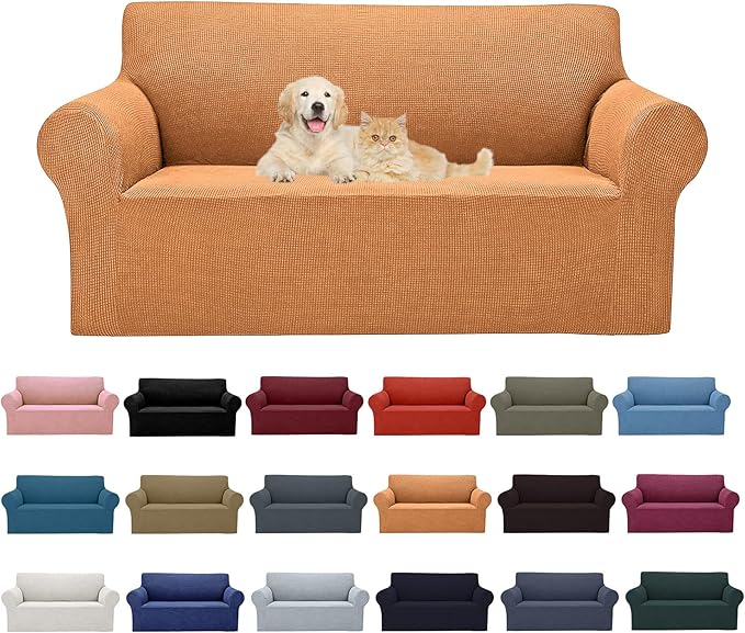 Cupuamon 2026 New Stretch Loveseat Sofa Slipcovers Couch Cover for 2 Cushion Furniture Protector Sofa Covers with Elastic Bottom Jacquard Fabric Small Checks for Pets, Kids - Golden