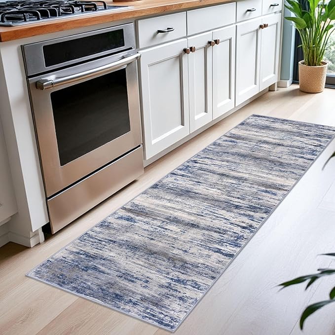 KOZYFLY Modern Abstract Washable Rug Runner 2x6 Runners for Hallways Non-Slip Soft Kitchen Runner Rugs, Print Grey-Blue Striped Carpet Runner for Entryway Bathroom Laundry Room Foyer