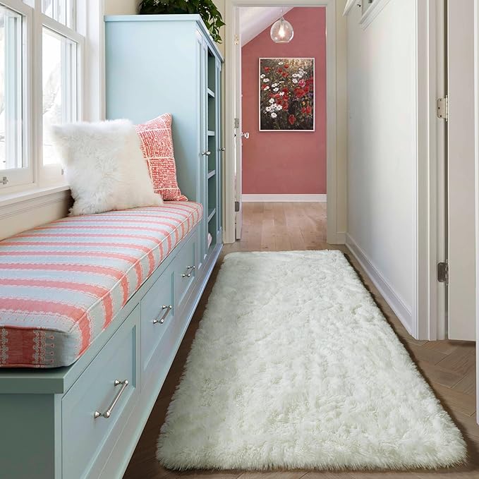 ONASAR Cream White Runner Rugs for Bedroom Living Room, Ivory Fluffy 2x6 Bedside Hallway Area Rug, Ultra Soft Plush Furry Faux Fur Non Slip Floor Carpet for Nursery Kids Dorm Closet Home Decor
