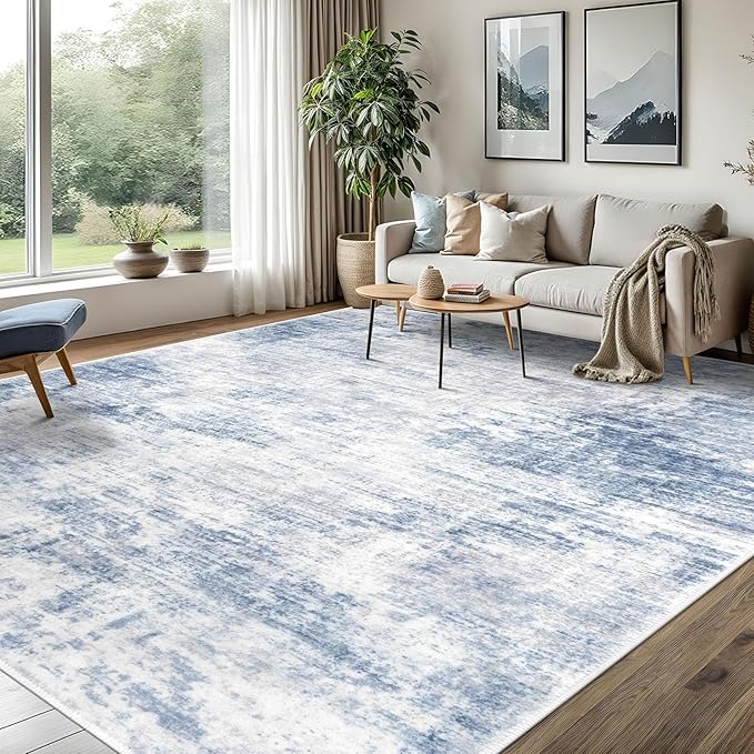 IOHOUZE Abstract Area Rugs 8x10 Ft Washable Large Rugs for Living Room, Non Slip Dining Room Rug, Printed Faux Wool Rugs for Bedroom, Floor Carpet for Office Nursery Playroom, Light Blue Grey