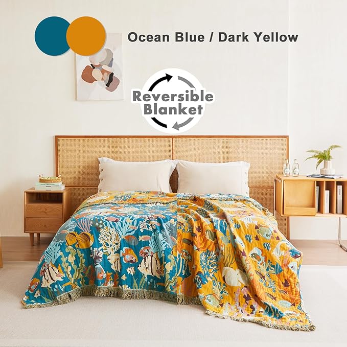 MSGKV Throw Blanket for Bed Cotton Cute Ocean Animals Twin Size Couch Blanket 60"x80" Muslin Spring Breathable All Seasons Lightweight Farmhouse Home Decor