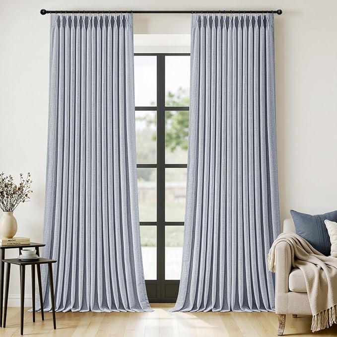 MIULEE Pinch Pleated Thick Linen Curtains 108 Inches Length 2 Panels for Living Room Bedroom, Extra Long Pinch Pleat Drapes Back Tab Light Filtering Light Blue Foor to Ceiling Curtains with Hooks