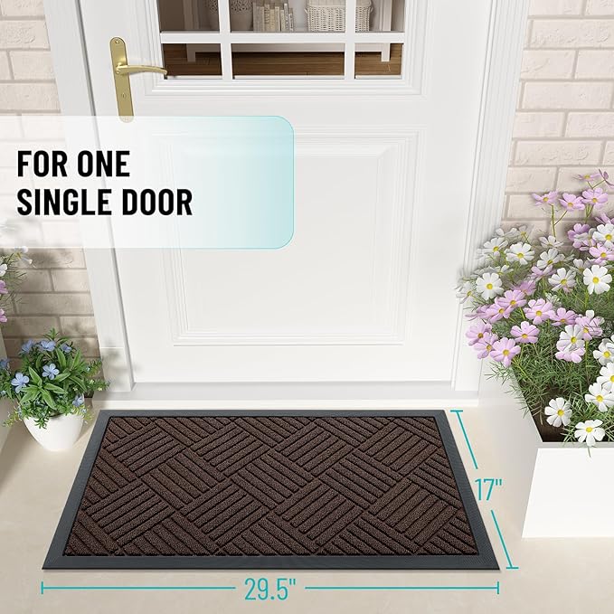 OLANLY Front Door Mat Outside Entrance 29.5x17, Absorbent, Heavy Duty Sturdy Natural Rubber Doormat Indoor Outdoor, Stain and Fade Resistant, Non-Slip Low Profile Floor Mat for Entryway, Brown Diamond