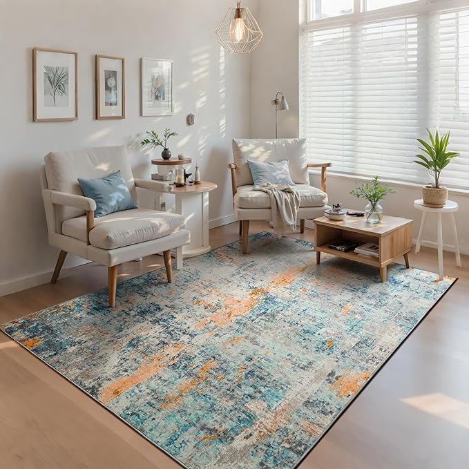 Ompaa Living Room Rug 5x7 Blue Area Rug Machine Washable Boho Rug Non Slip Abstract Vintage Indoor Large Rugs for Bedroom, Classroom, College Dorm, Farmhouse, Dining Room, Kids Playroom