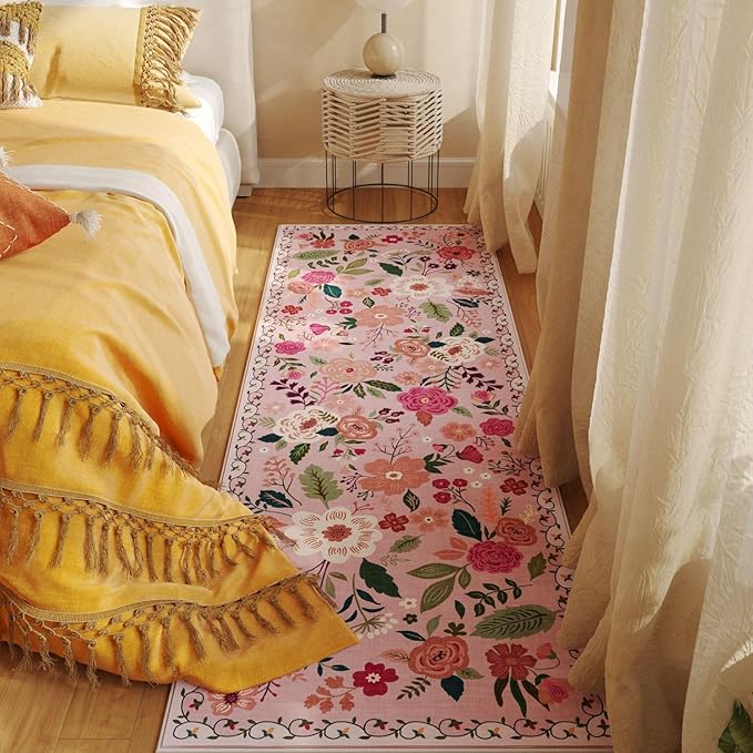 Rugcomf 2x5 Rug Runner - Floral Machine Washable Kitchen Rug, Non-Slip Low Pile Boho Carpet for Hallways, Laundry, Entryway, Bedroom, Bathroom - Pink