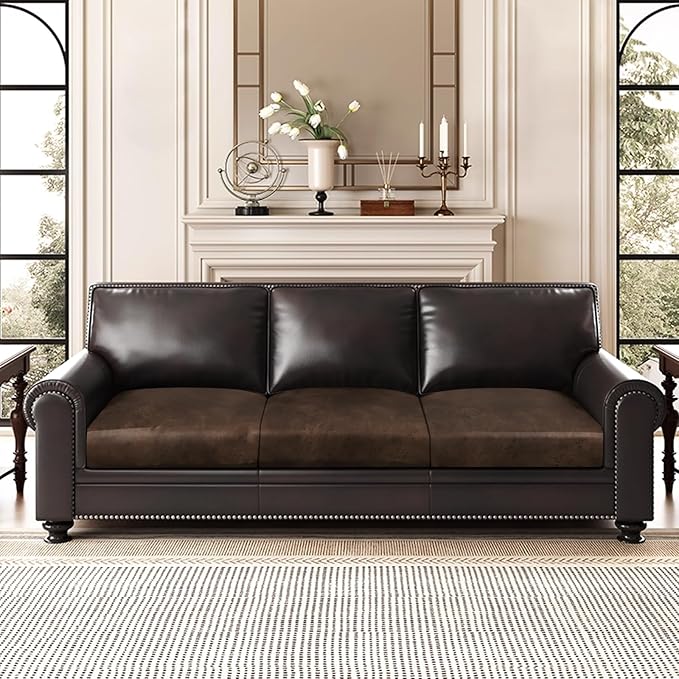 Leather Look Couch Cushion Covers Sofa Seat Slipcovers Sets Couches Furniture Protector for Sectional Armchair Loveseat Pets Kids Stretch Spandex Fabric (3 Cushion XL Sofa, Brown)