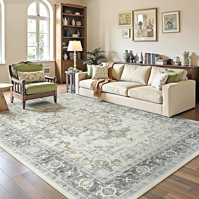 Lofus 6x9 Area Rugs for Living Room, Machine Washable Non-Slip Area Rug, Low Pile Large Rugs for Bedroom, Kitchen, Dining Room, Home Office, Vintage Oriental Print Rug, Taupe Grey