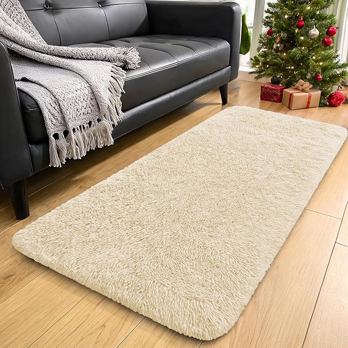 OLANLY 2x8 Machine Washable Runner Rugs for Hallway, Soft Fluffy Shaggy Bedside Rugs for Bedroom, Living Room, Indoor Floor Carpet for Kids Girls and Boys, Nursery Rooms, Home Decor Aesthetic, Cream