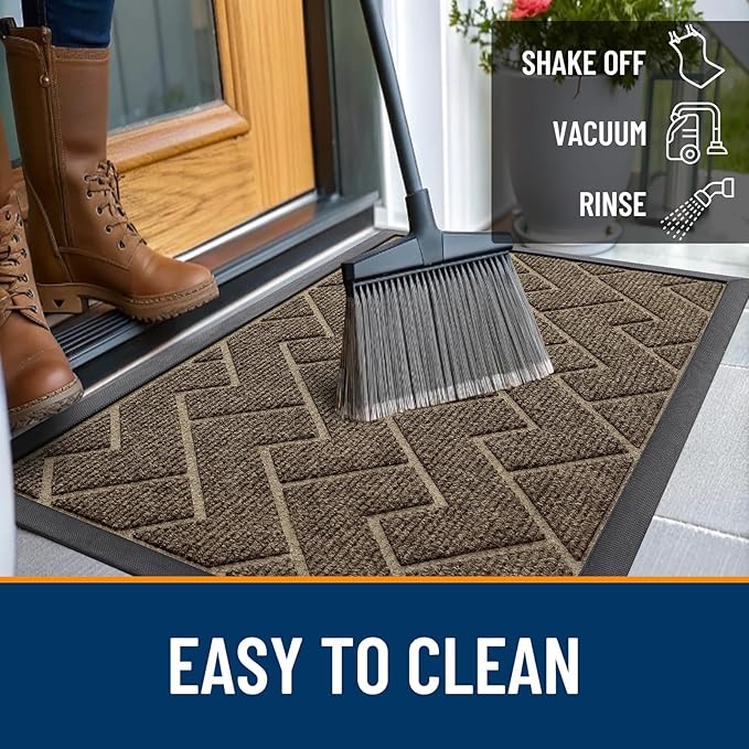 OLANLY Front Door Mat Indoor Outdoor Entrance, Waterproof All-Season, All-Weather Doormat, Sturdy Natural Rubber, Low Profile, Easy Clean Patio Porch Entryway Mat, Herringbone Brick (Brown, 47x17)