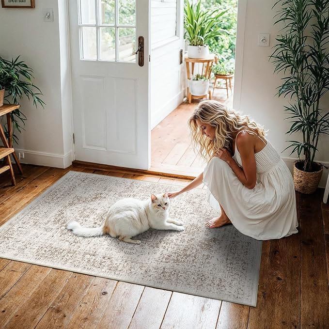 Washable 3x4 Area Rug for Entryway - Kitchen Non Slip Low-Pile Rugs Vintage Soft Thin Carpet Small Stain Resistant Mat for Bedroom Entrance Bathroom Floor Decor (Cream/Camel)