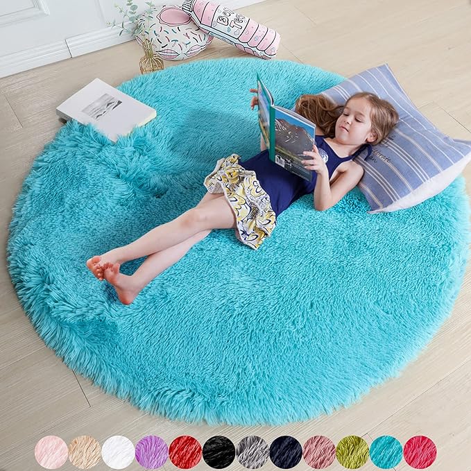 Amdrebio Blue Soft Round Rugs 4Ft for Kids Bedroom, Fluffy Circle Area Rugs for Teen Girls Boys, Cute Play Room Decor Aesthetic, Plush Shaggy Fuzzy Carpet for Nursery Classroom Preppy Dorm Playroom