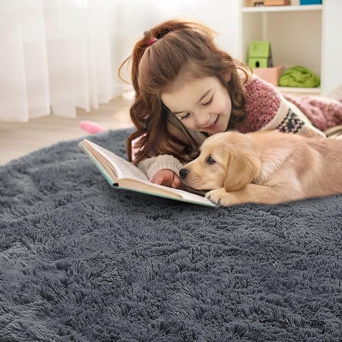 OLANLY Grey Round Rugs for Bedroom - Machine Washable, 8 ft Circle Area Rugs for Living Room, Soft and Fluffy Shaggy Carpet for Teen Girls and Boys, Nursery Rooms, Dorms, Home Decor Aesthetic