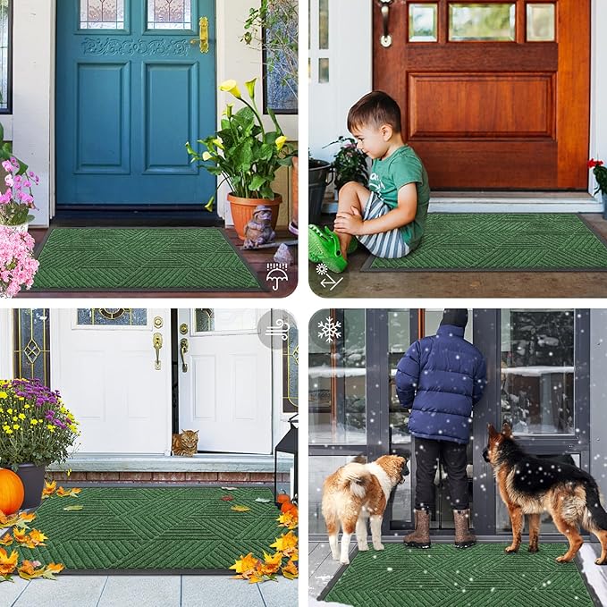 Smiry Front Door Mat Outside Entrance, Heavy Duty Sturdy Natural Rubber Doormat, Trap Dirt and Moisture, Easy Clean Low Profile Mats for Indoor Outdoor Entry, Irregular Triangle (29.5x17, Green)