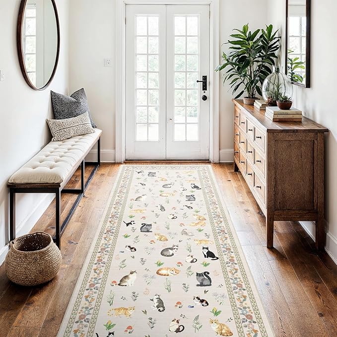 3x7 Washable Kitchen Runner Rug - Soft Low Pile Floral Animal Cat Print Rugs with Non-Slip Backing Waterproof Stain-Resistant Indoor Carpet for Hallway Entryway Bathroom Bedroom (Light Beige)
