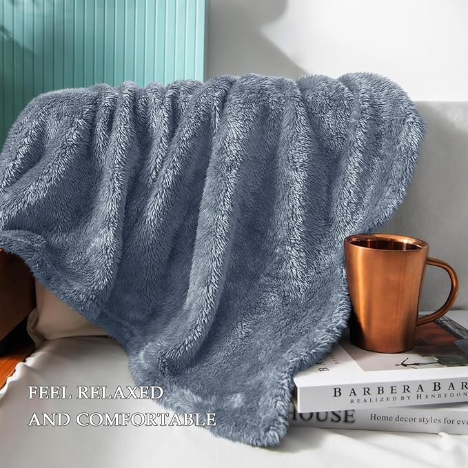 Exclusivo Mezcla Plush Fuzzy Fleece Bed Blanket King Size, Super Soft, Fluffy and Warm Blankets for Couch, Bed, All Season (Stone Blue, 90x104 Inches)
