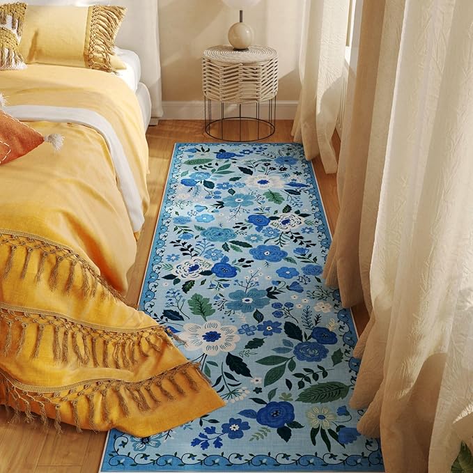 Rugcomf 2x5 Rug Runner - Floral Machine Washable Kitchen Rug, Non-Slip Low Pile Boho Carpet for Hallways, Laundry, Entryway, Bedroom, Bathroom - Black