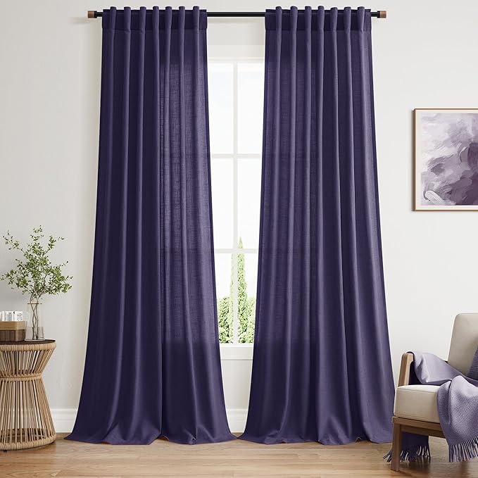 Nanspring Purple Linen Blend Light Filtering Back Tab Curtains 96 Inches Long, Semi Sheer Privacy Drapes for Living Room & Bedroom, 52x96 inch, 2 Panels