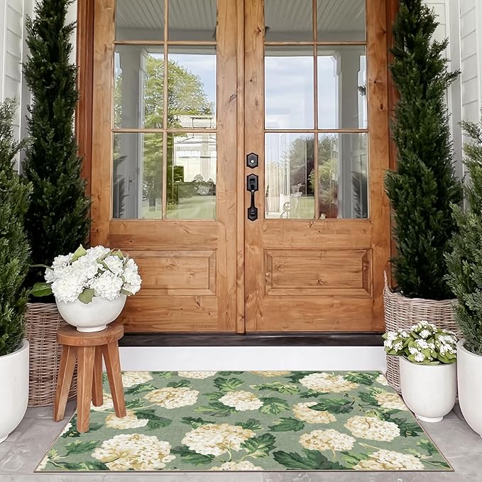 Spring Outdoor Rug - 28" x 43" Front Door Mat Indoor Outside Entrance Non-Slip Washable Outdoor Mat Sage Green Beige Flower Rug for Entryway Kitchen Bedroom Layered Doormat for Front Porch
