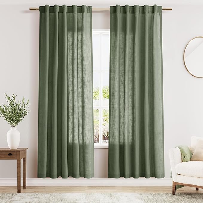 Olive Green Linen Curtains 80 Inch Length 2 Panel Set Back Tab Rod Pocket Semi Sheer Light Filtering Short Curtain Farmhosue Country Style Bay Window for Living Room Bedroom 40x80