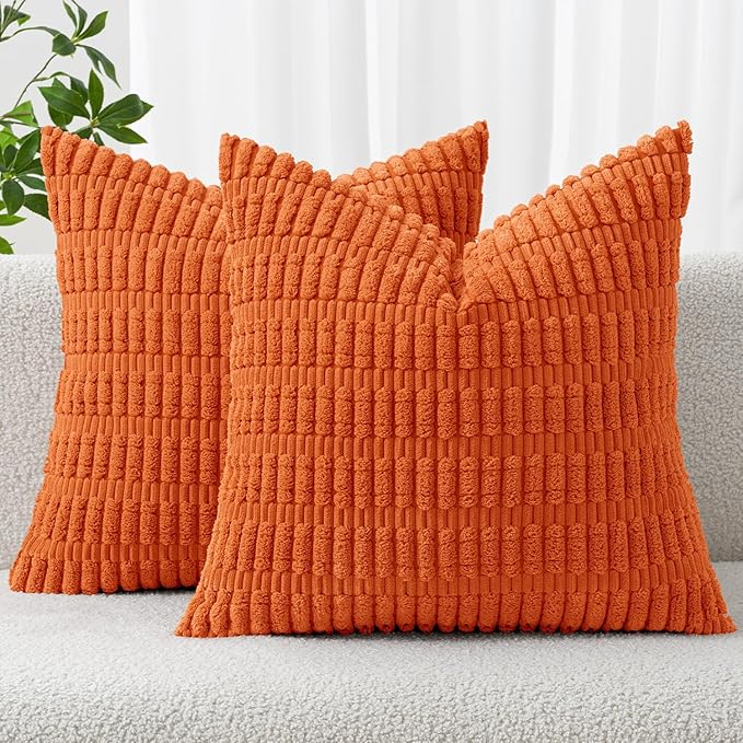 MIULEE Pack of 2 Orange Corduroy Decorative Pillow Covers 16x16 Inch Soft Boho Striped Throw Pillow Covers Modern Farmhouse Home Decor for Halloween Thanksgiving Summer Sofa Living Room Couch Bed