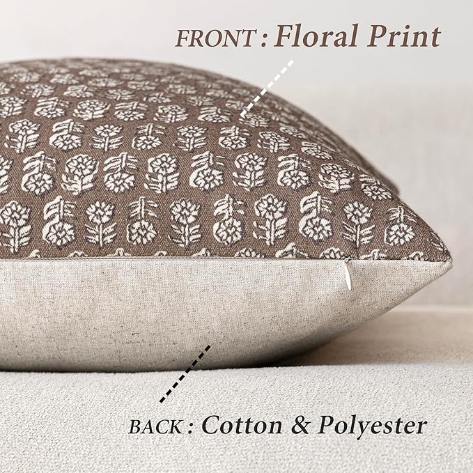 Foindtower Set of 2 Decorative Neutral Floral Print Throw Pillow Covers Vintage Accent Farmhouse Cushion Covers Boho Home Decor for Sofa Chair Couch Bedroom Living Room,18×18 Inch,Brown