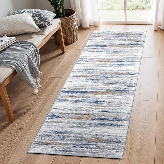 Washable Kitchen Runner Rug for Family: Easy-to-Clean Runners for Hallway Entryway Bedroom - Stain and Water Resistant Rugs with Non-Slip Backing - Soft Low-Pile Carpet 2x6 Navy Grey