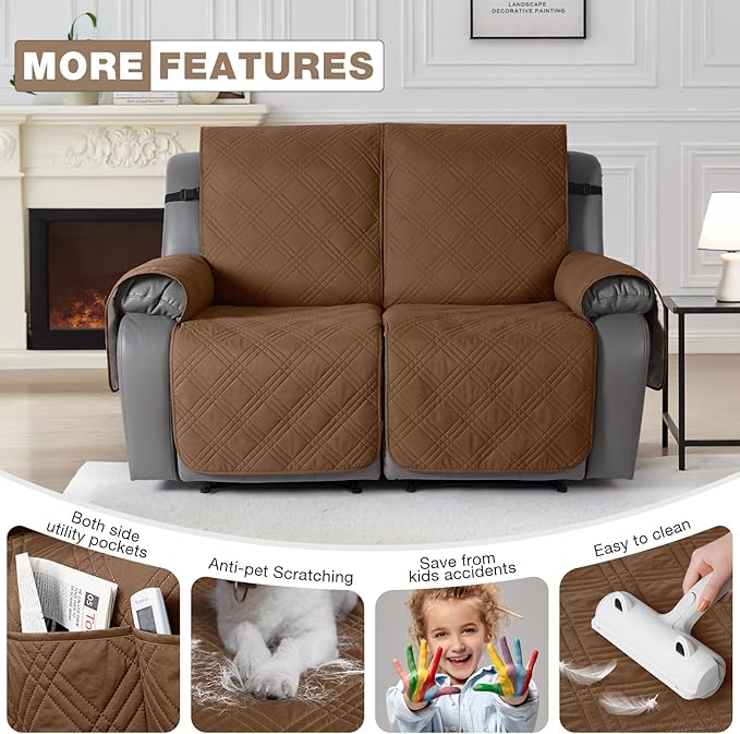 TAOCOCO 100% Waterproof Loveseat Recliner Cover, Non Slip Split Recliner Couch Cover with Elastic Straps, Washable Reclining Sofa Cover Furniture Protector for Kids, Pets(2 Seater, Brown)