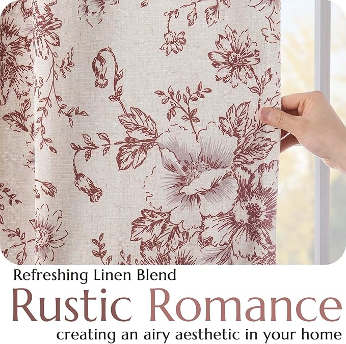 jinchan Blackout Floral Curtains for Living Room Bedroom Linen Blend Curtain Farmhouse Brick Red Printed with Lined Back Tab Rod Pocket Drapes Window Treatments 2 Panels 63 Inch