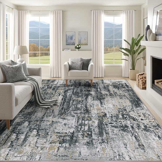 XLUEZ 8x10 Area Rugs for Living Room, Washable Modern Abstract Large Area Rug Neutral Soft Non Slip Kids Rug Stain Resistant Indoor Carpet for Bedroom Nursery Dining Room Office(BlackGreyGold, 8'x10')