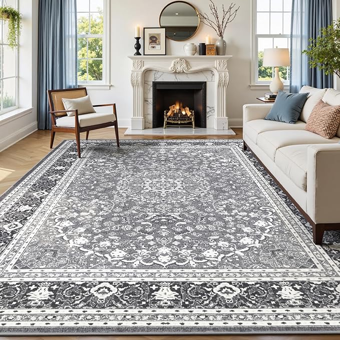 Lofus 9x12 Area Rugs for Living Room, Machine Washable Non-Slip Area Rug, Low Pile Large Rugs for Bedroom, Kitchen, Dining Room, Home Office, Vintage Oriental Print Rug, Light Grey with White