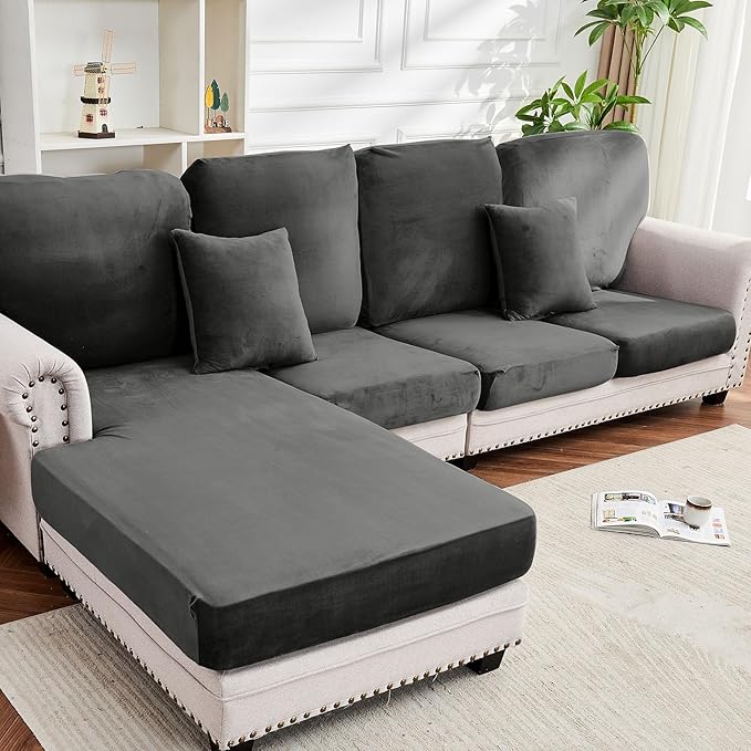 Couch Cover 8-Piece Elastic Velvet Couch Cushion Covers & Chaise Slipcovers for L-Shaped Sofas - Sofa Seat Covers Washable, Soft Protector for Couches (7 Seater + Chaise, Grey)