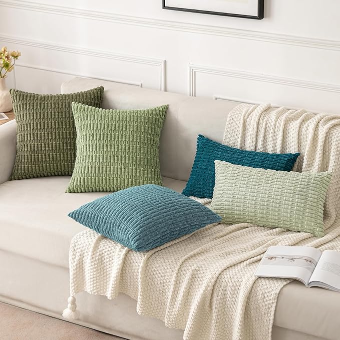 MIULEE Pack of 2 Corduroy Decorative Lumbar Throw Pillow Covers 20x12 Inch Soft Boho Striped Pillow Covers Modern Farmhouse Home Decor for Summer Coastal Sofa Living Room Couch Bed Coastal Blue