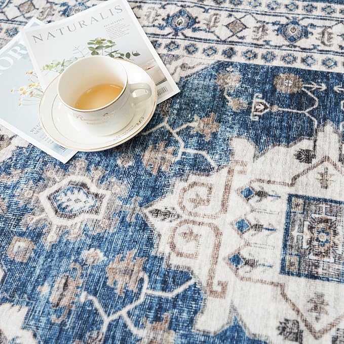 2x4 Non-Slip Entryway Area Rugs: Washable Stain Resistant Kitchen Carpet Printed Doormat Soft Low Pile Nursery Rug Vintage Small Floor Mat for Hardwood Bedroom Cozy Home Decor fot Family(2x4,Blue)